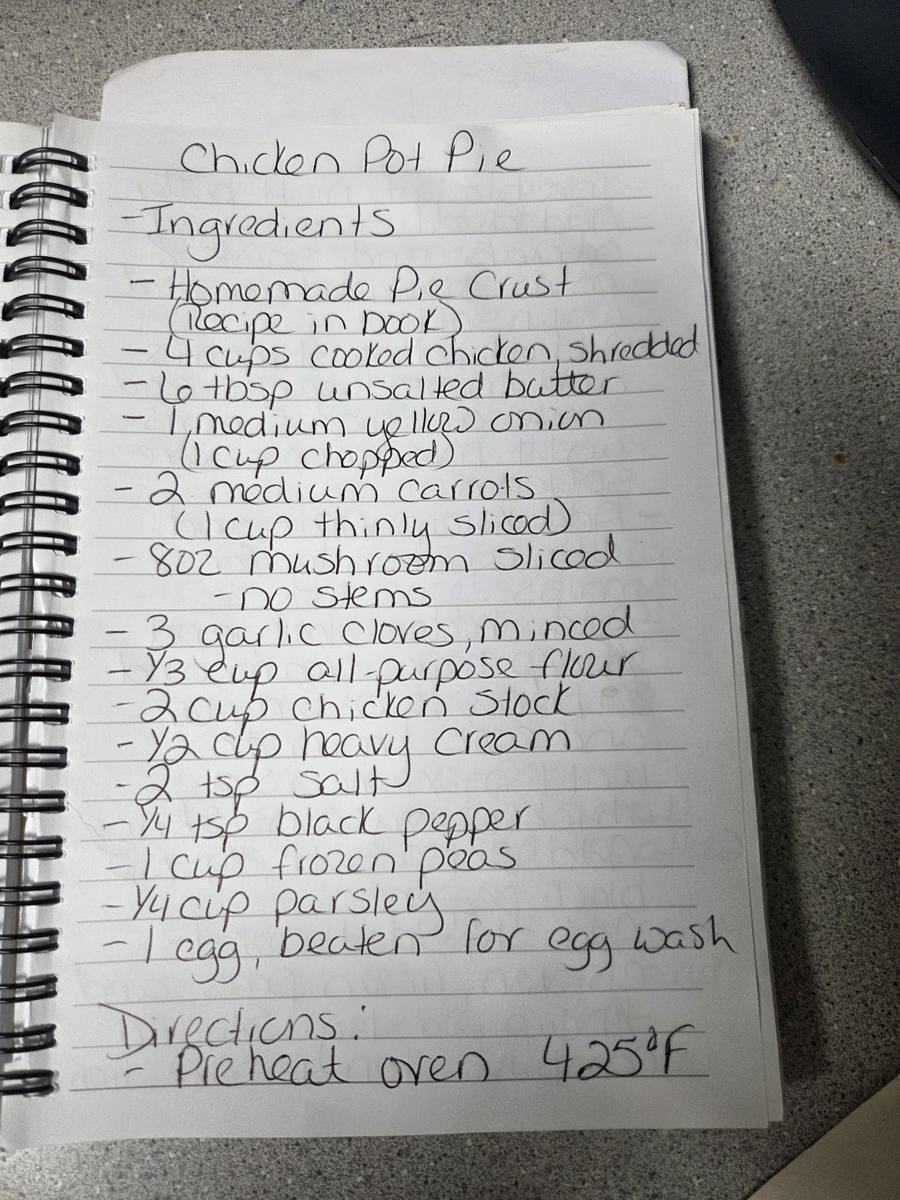 Becky's handwritten Homemade Chicken Pot Pie recipe — notebook page 1