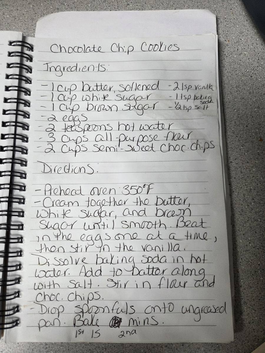 Becky's handwritten Homemade Chocolate Chip Cookies recipe — notebook page 1