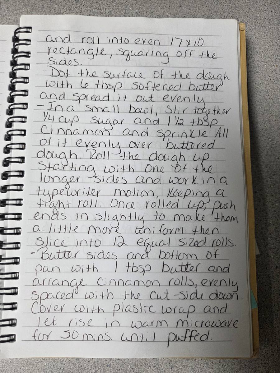 Becky's handwritten Homemade Cinnamon Rolls and Icing recipe — notebook page 3
