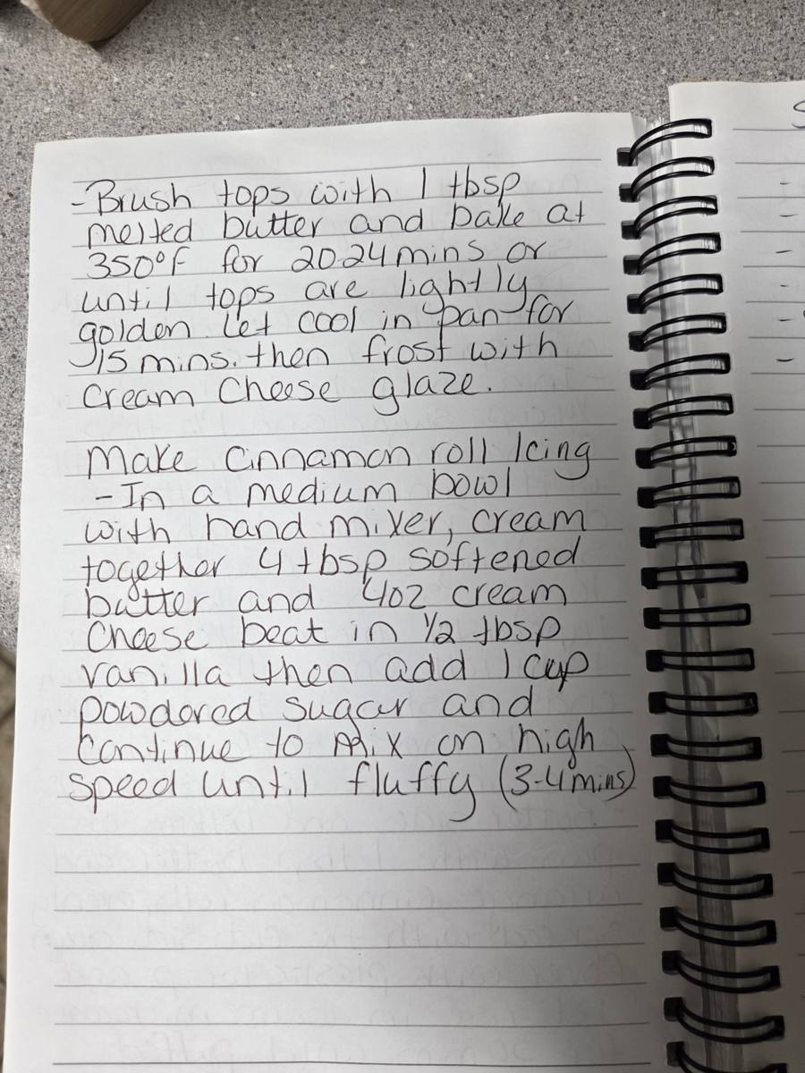 Becky's handwritten Homemade Cinnamon Rolls and Icing recipe — notebook page 4