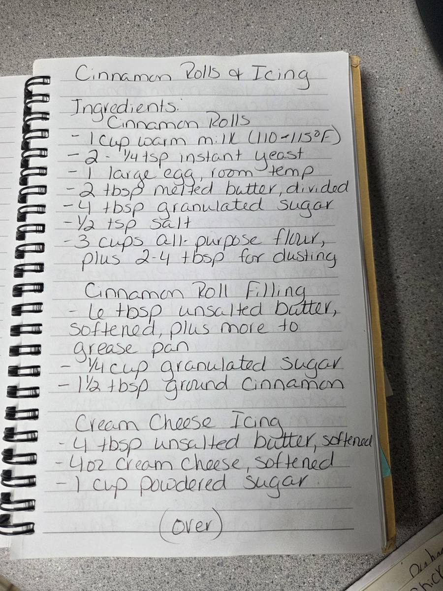 Becky's handwritten Homemade Cinnamon Rolls and Icing recipe — notebook page 1