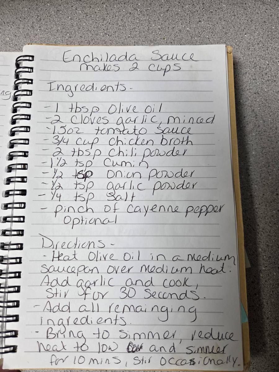 Becky's handwritten Homemade Enchilada Sauce recipe — notebook page 1