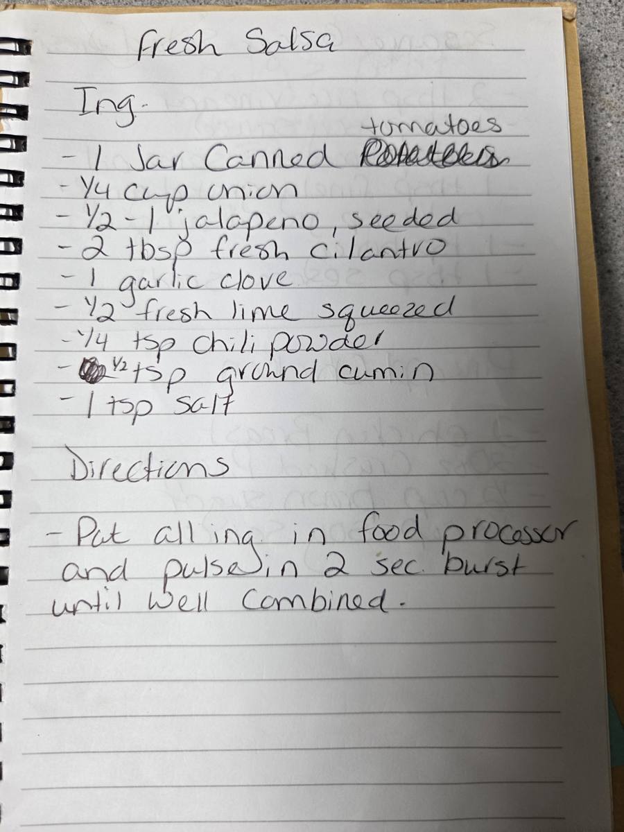 Becky's handwritten Homemade Fresh Salsa recipe — notebook page 1