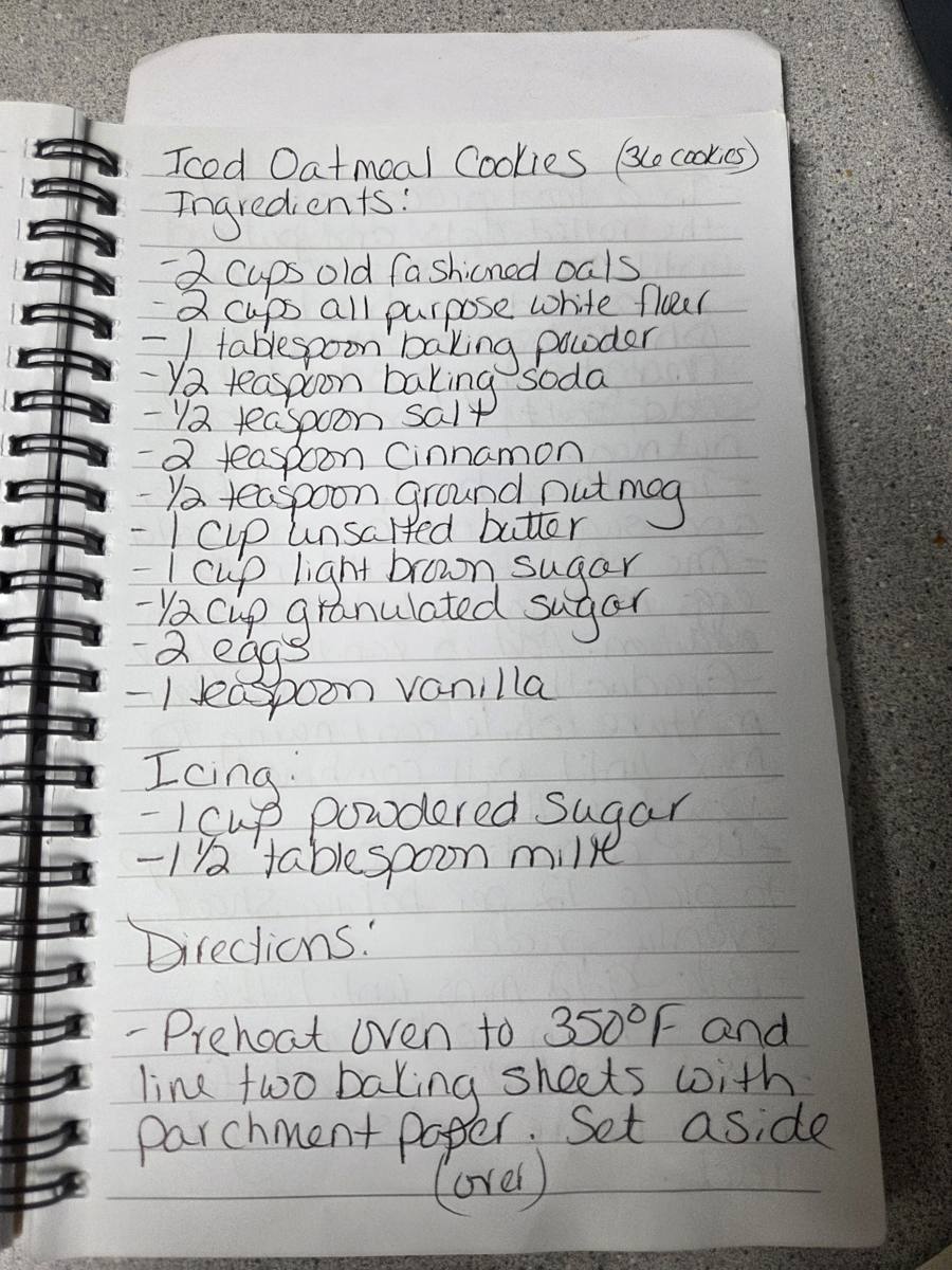 Becky's handwritten Homemade Iced Oatmeal Cookies recipe — notebook page 1