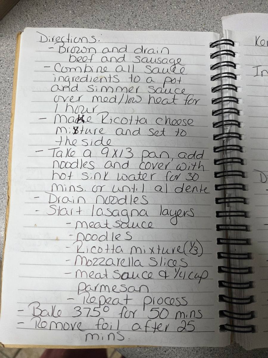 Becky's handwritten Homemade Lasagna recipe — notebook page 2