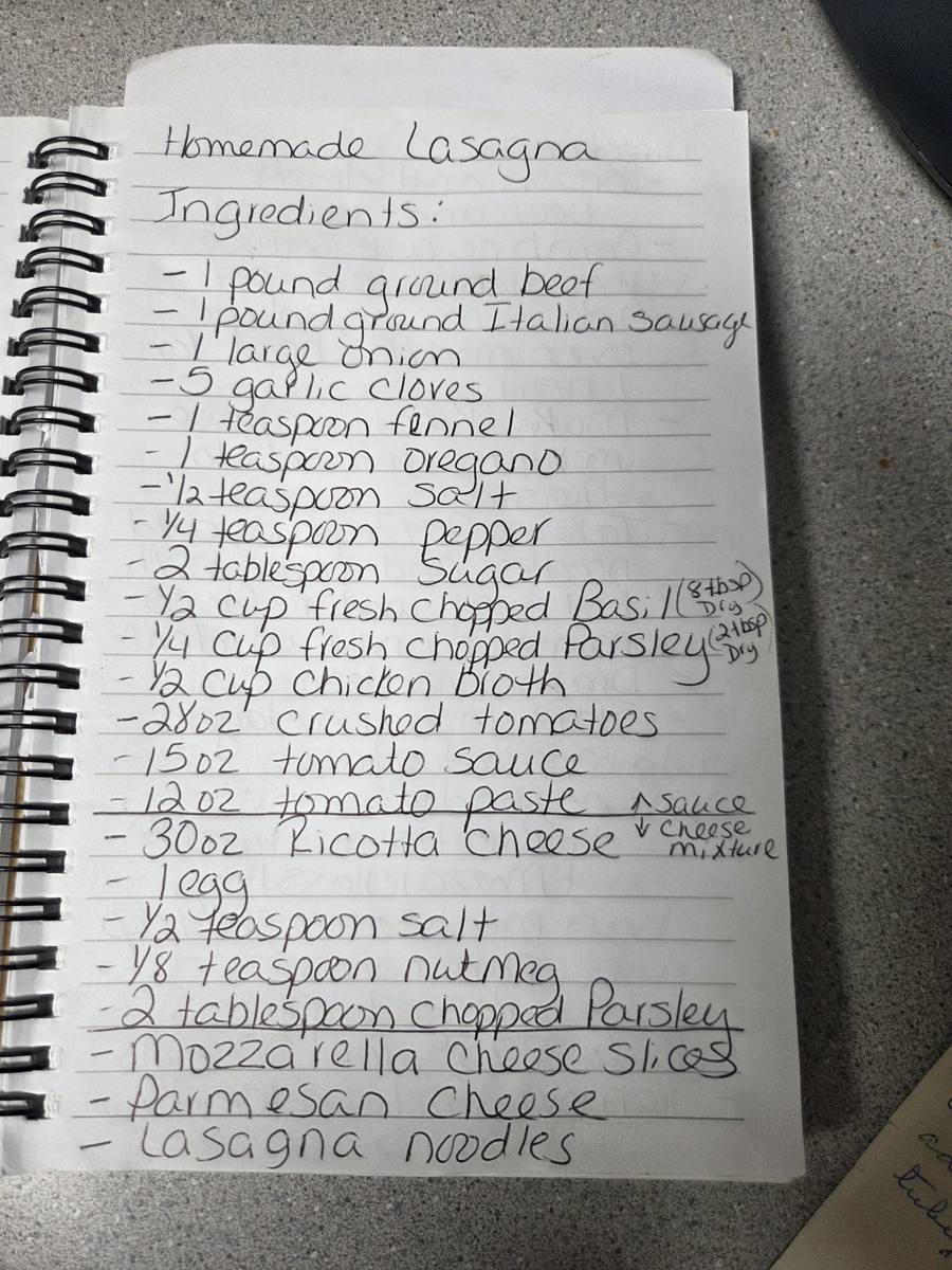 Becky's handwritten Homemade Lasagna recipe — notebook page 1