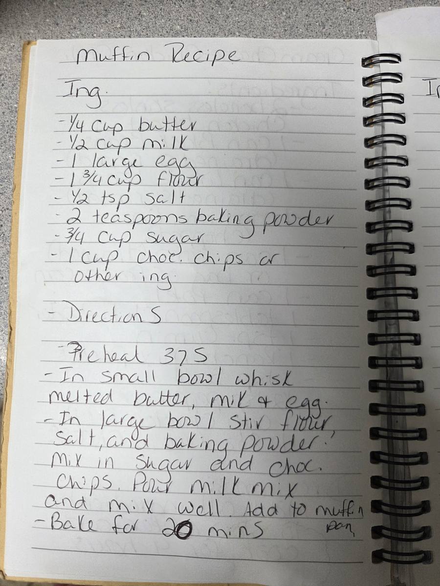 Becky's handwritten Homemade Muffins recipe — notebook page 1