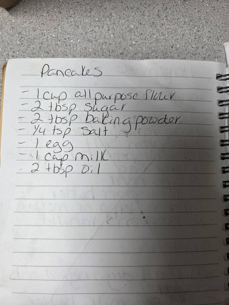 Becky's handwritten Homemade Pancakes recipe — notebook page 1
