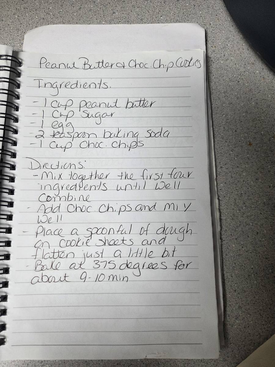 Becky's handwritten Homemade Peanut Butter and Chocolate Chip Cookies recipe — notebook page 1