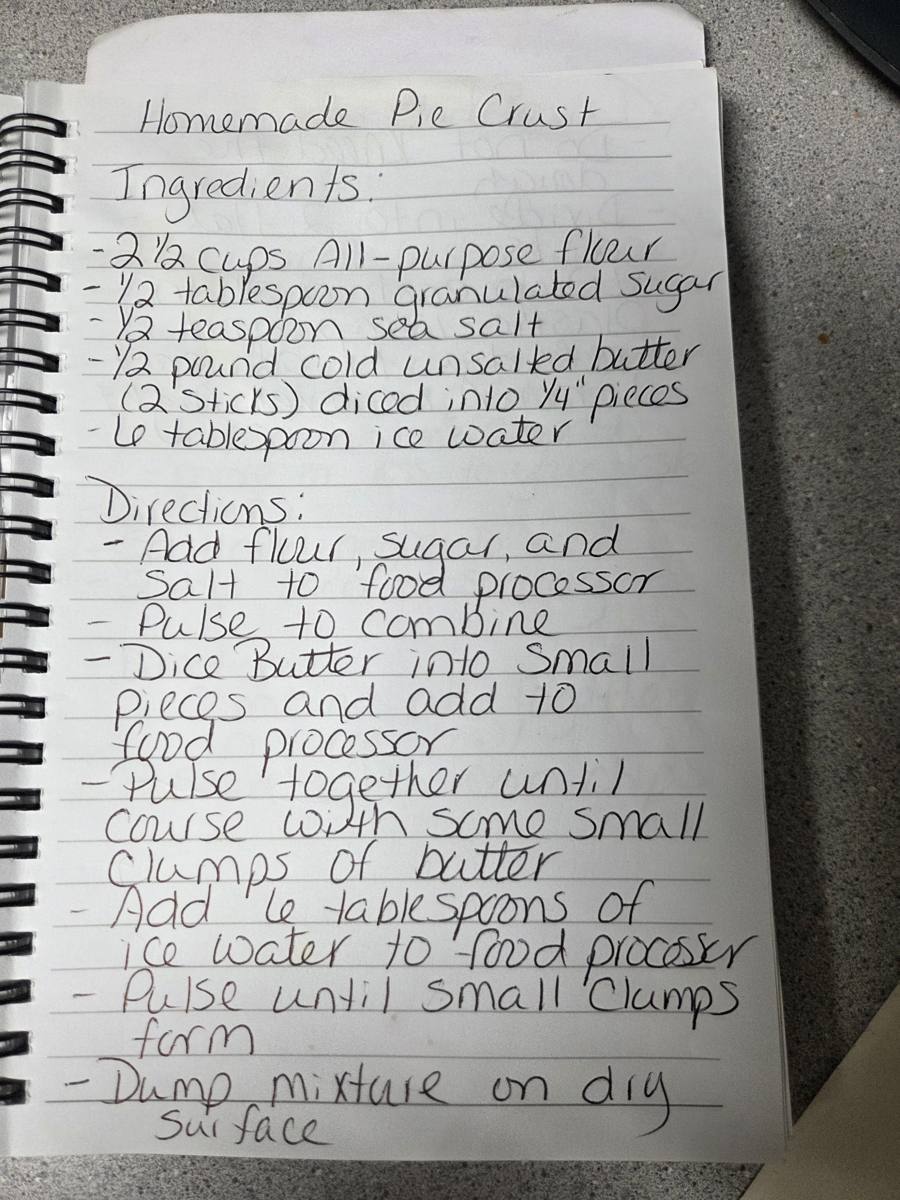 Becky's handwritten Homemade Pie Crust recipe — notebook page 1