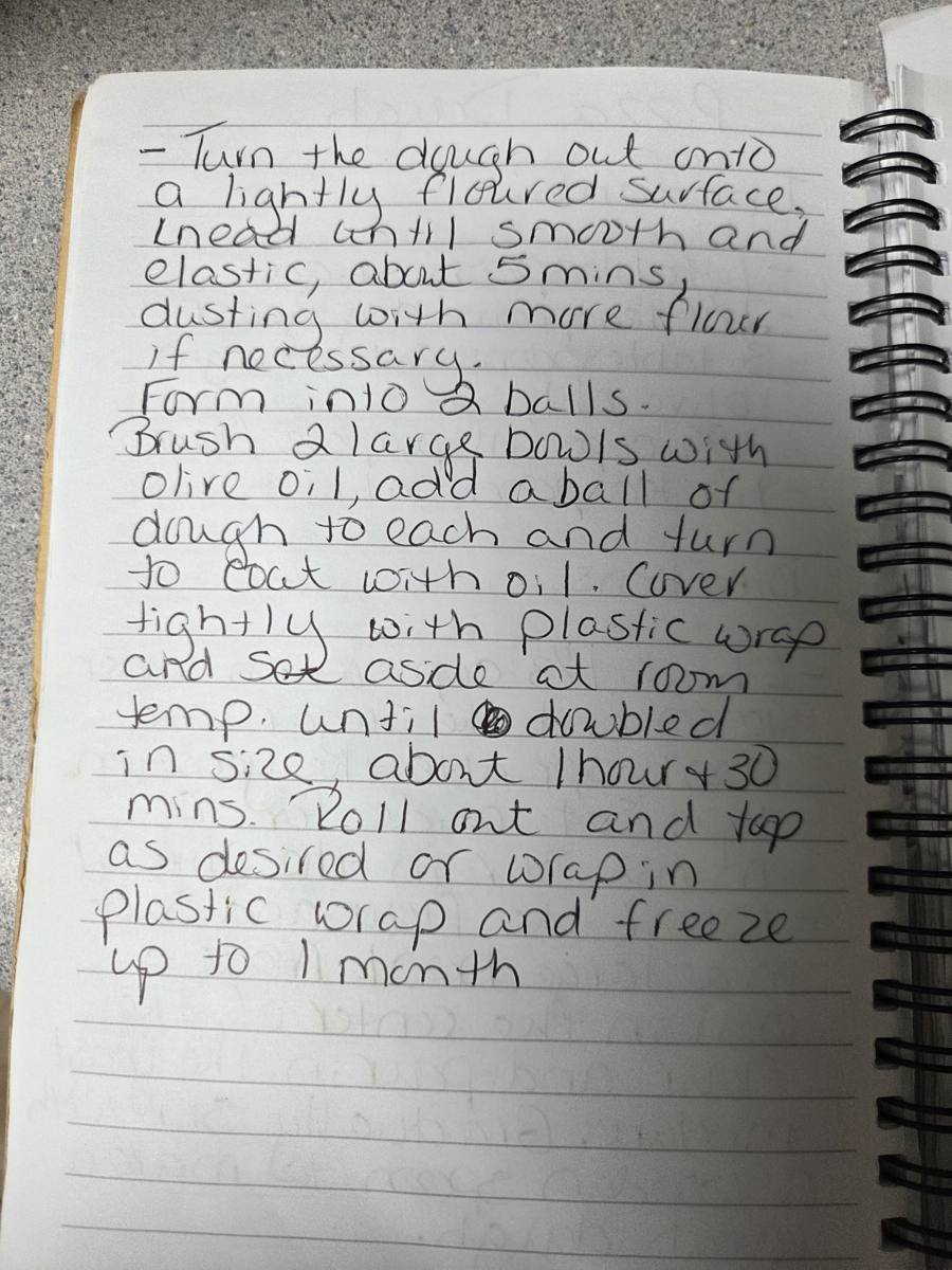 Becky's handwritten Homemade Pizza Dough recipe — notebook page 2