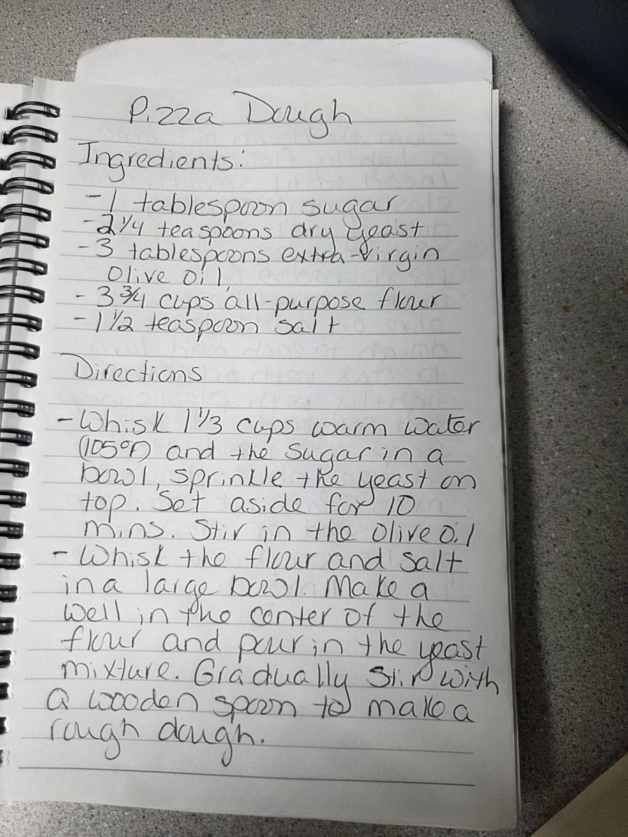 Becky's handwritten Homemade Pizza Dough recipe — notebook page 1