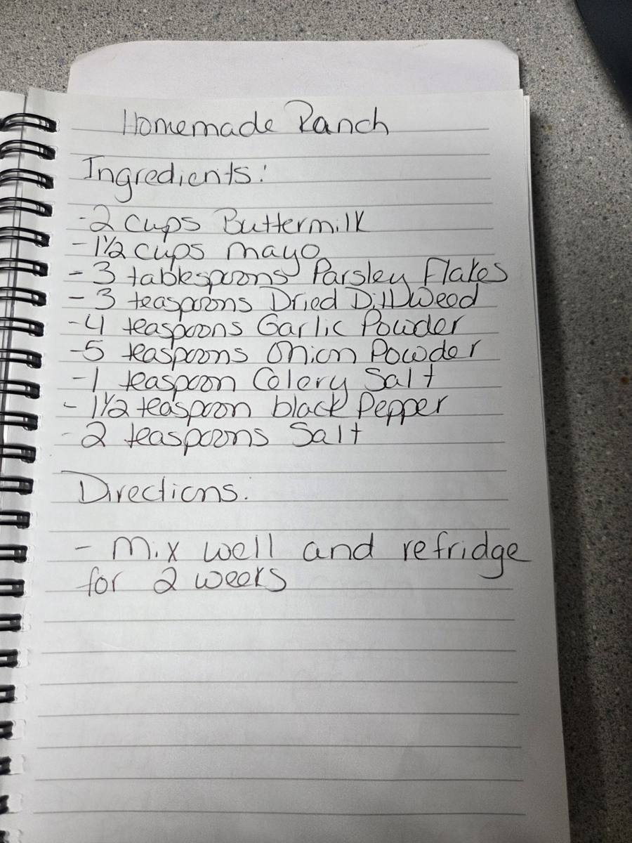 Becky's handwritten Homemade Ranch Dressing recipe — notebook page 1