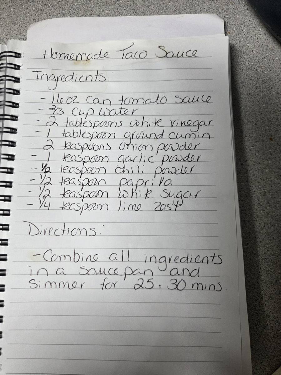 Becky's handwritten Homemade Taco Sauce recipe — notebook page 1