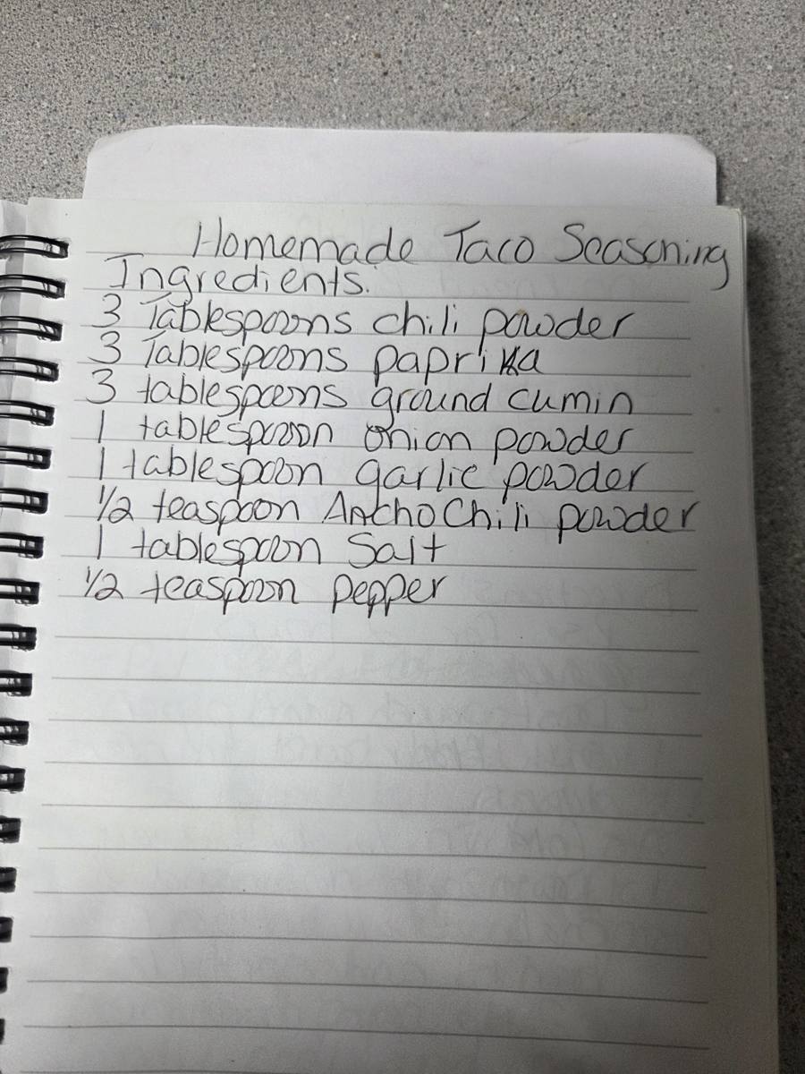 Becky's handwritten Homemade Taco Seasoning recipe — notebook page 1