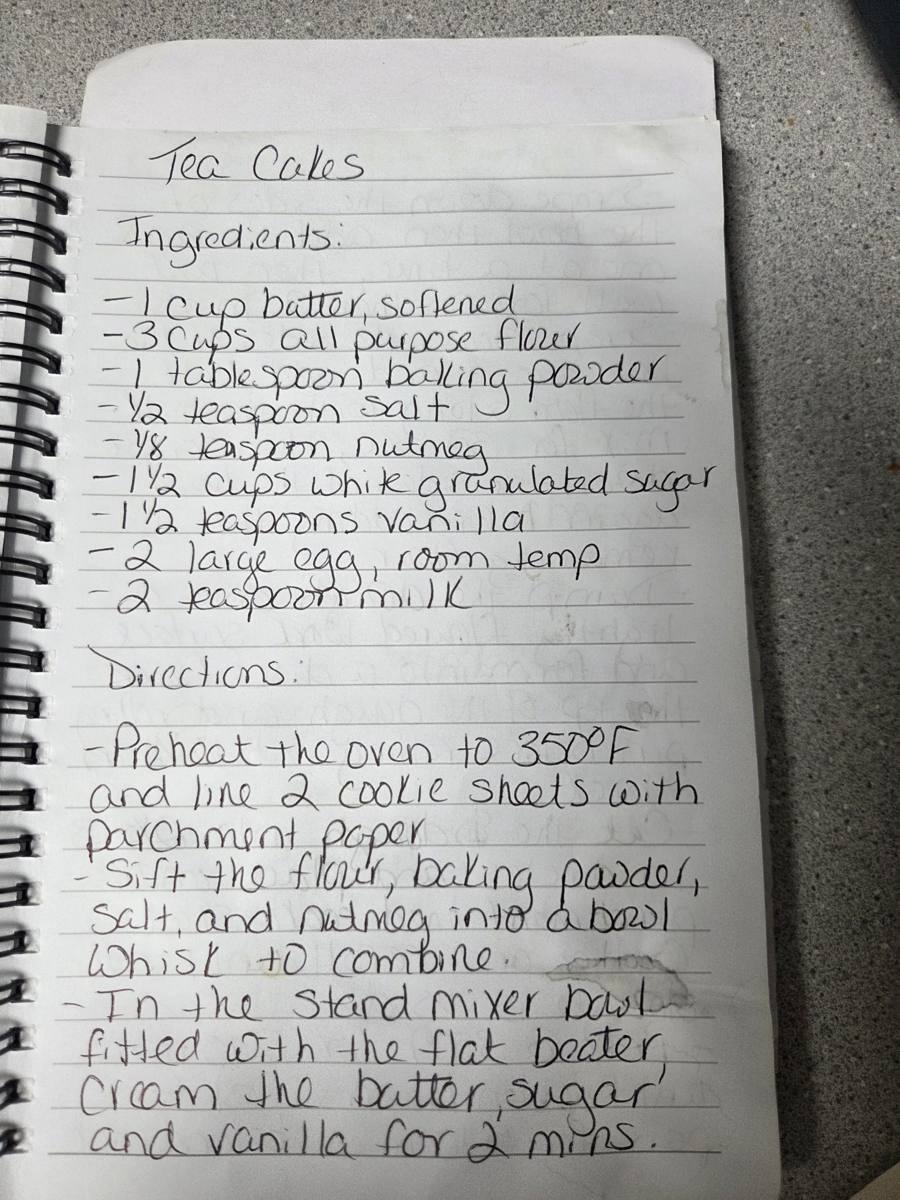 Becky's handwritten Homemade Tea Cakes recipe — notebook page 1