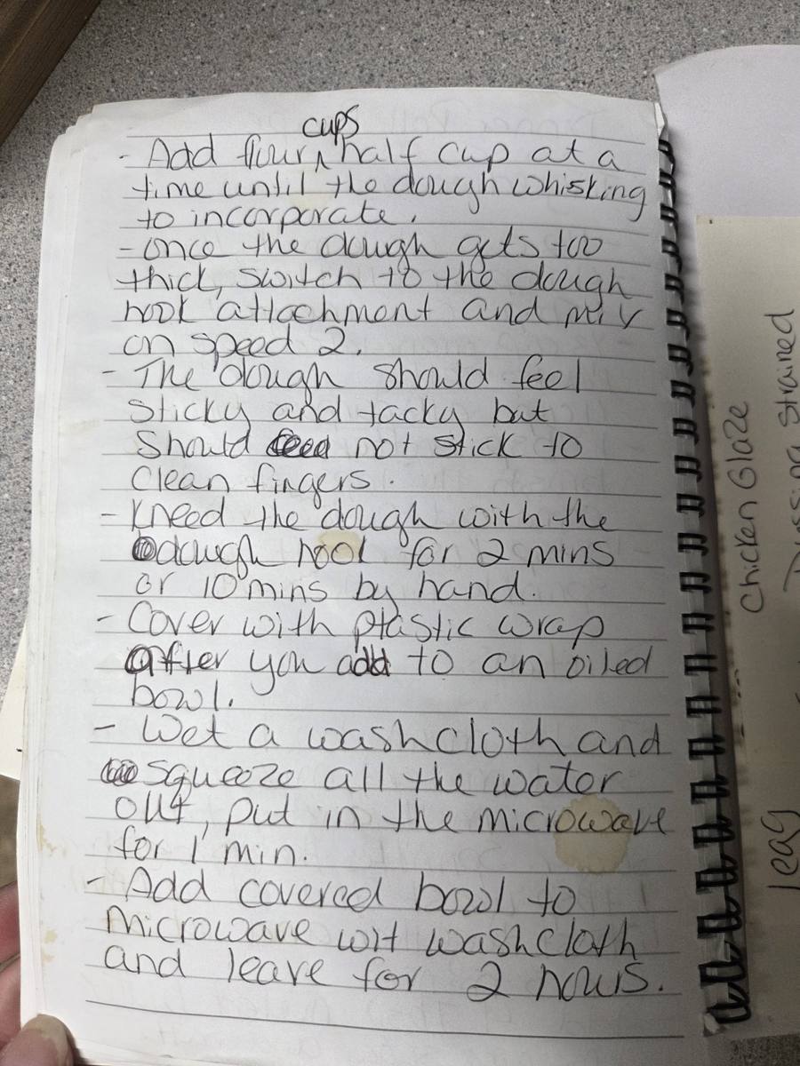Becky's handwritten Homemade Yeast Dinner Rolls recipe — notebook page 2