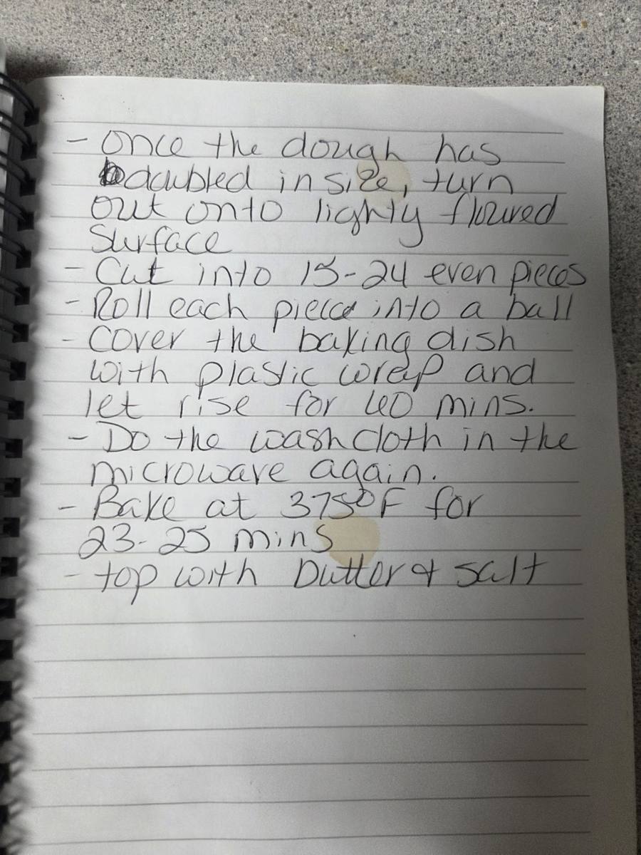 Becky's handwritten Homemade Yeast Dinner Rolls recipe — notebook page 3