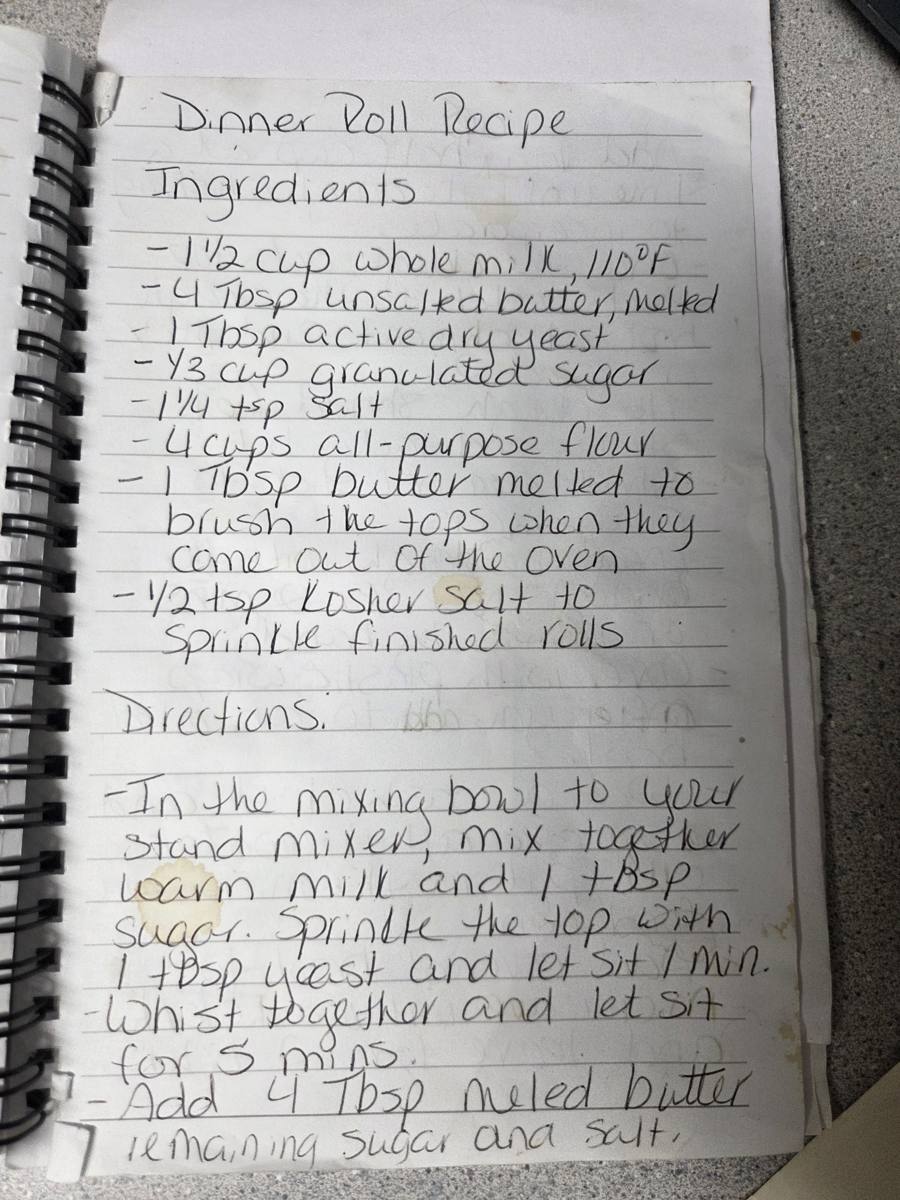 Becky's handwritten Homemade Yeast Dinner Rolls recipe — notebook page 1