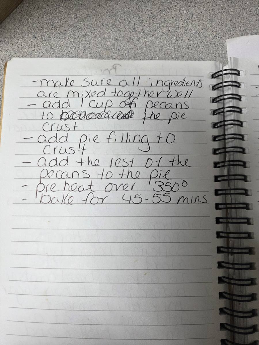 Becky's handwritten Kentucky Bourbon Pecan Pie recipe — notebook page 2