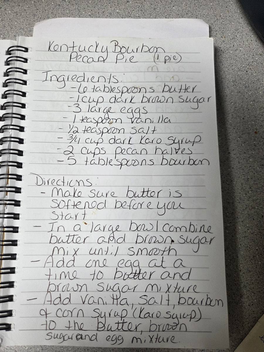 Becky's handwritten Kentucky Bourbon Pecan Pie recipe — notebook page 1
