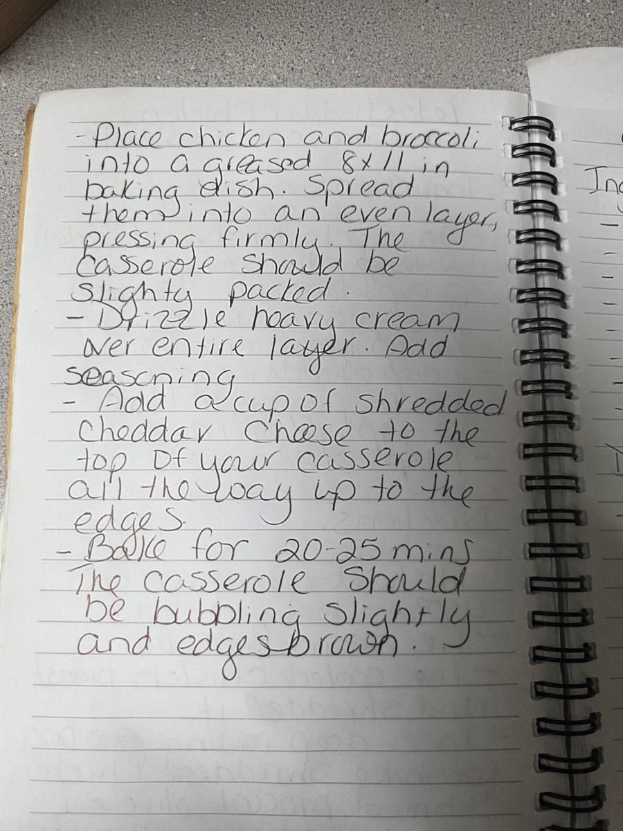 Becky's handwritten Keto Cheddar Chicken and Broccoli Casserole recipe — notebook page 2