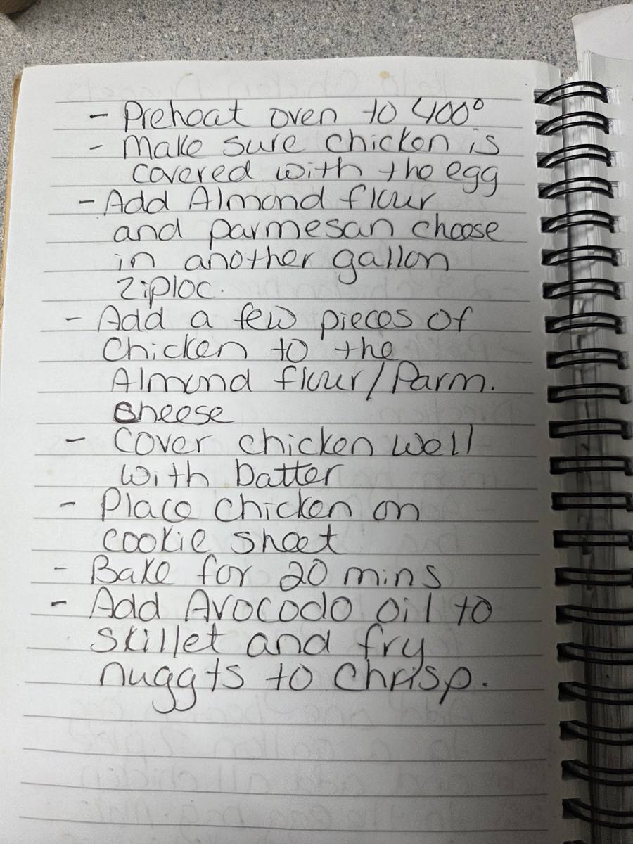 Becky's handwritten Keto Chicken Nuggets recipe — notebook page 2