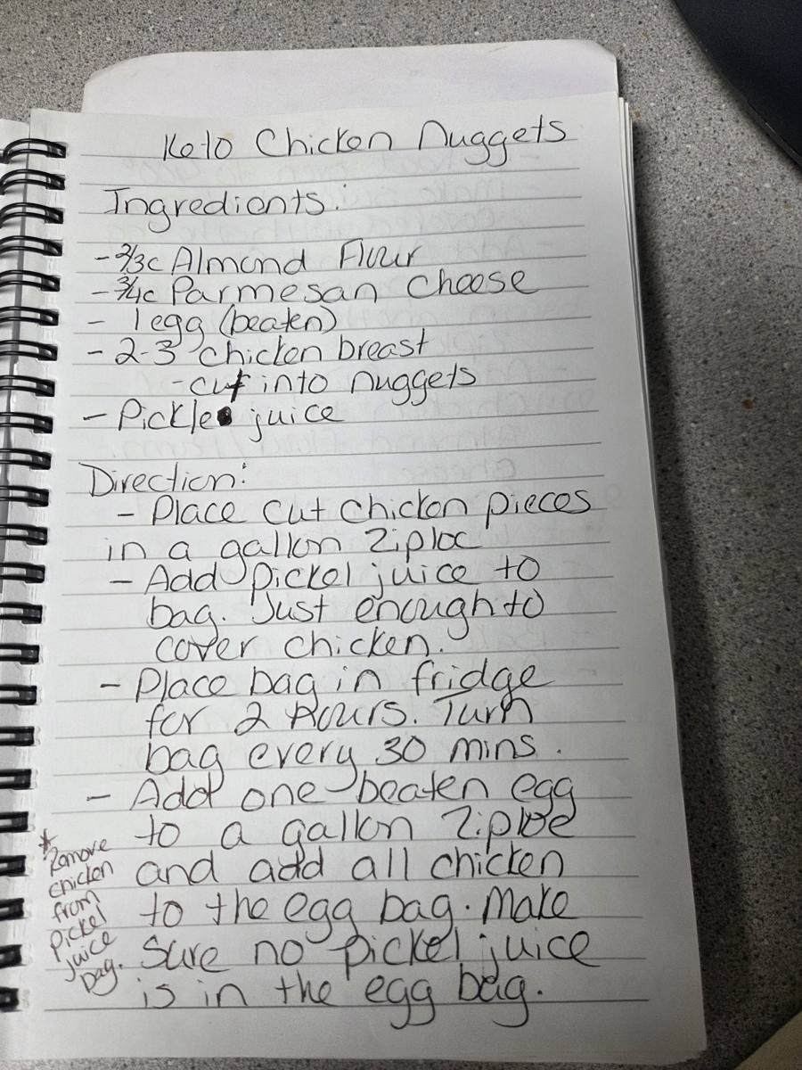 Becky's handwritten Keto Chicken Nuggets recipe — notebook page 1