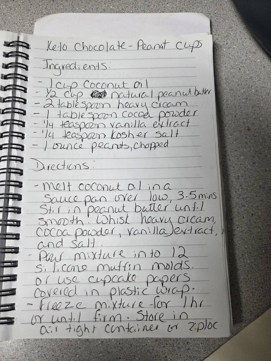 Becky's handwritten Keto Chocolate-Peanut Cups recipe — notebook page 1