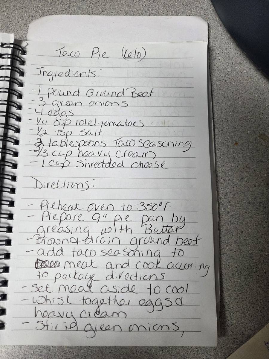Becky's handwritten Keto Taco Pie recipe — notebook page 1