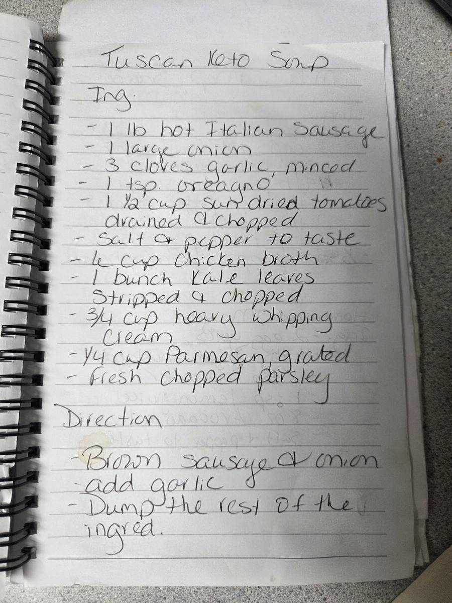 Becky's handwritten Keto Tuscan Soup recipe — notebook page 1
