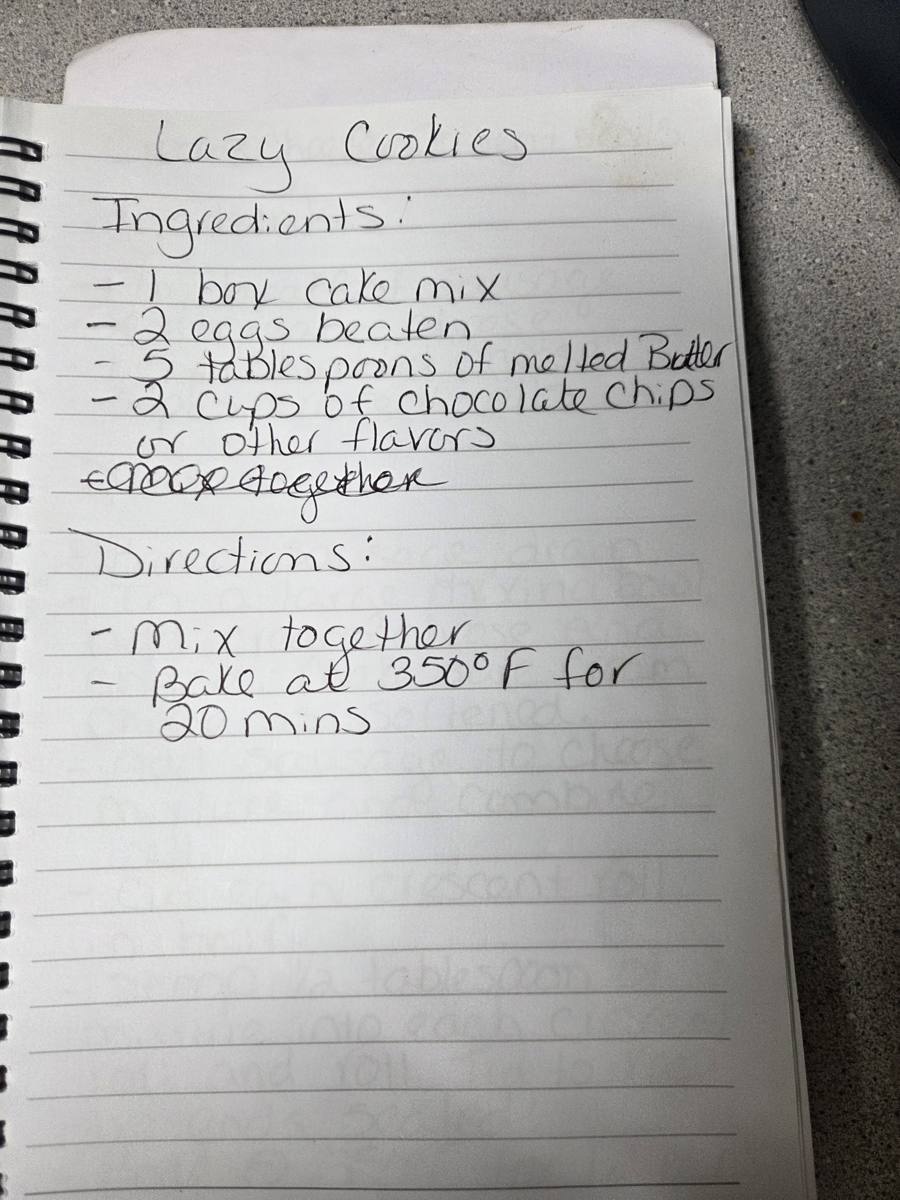 Becky's handwritten Lazy Cookies recipe — notebook page 1