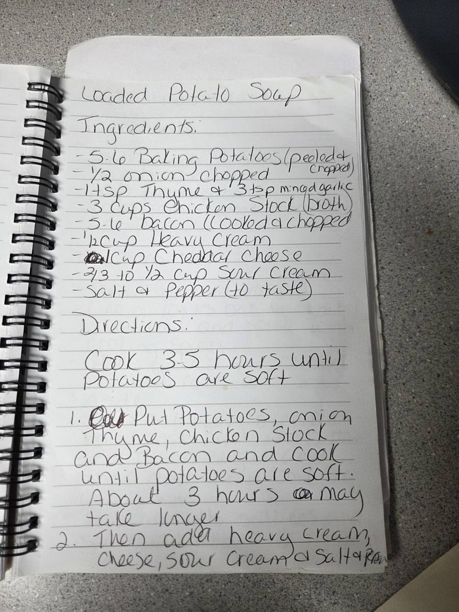 Becky's handwritten Loaded Potato Soup recipe — notebook page 1
