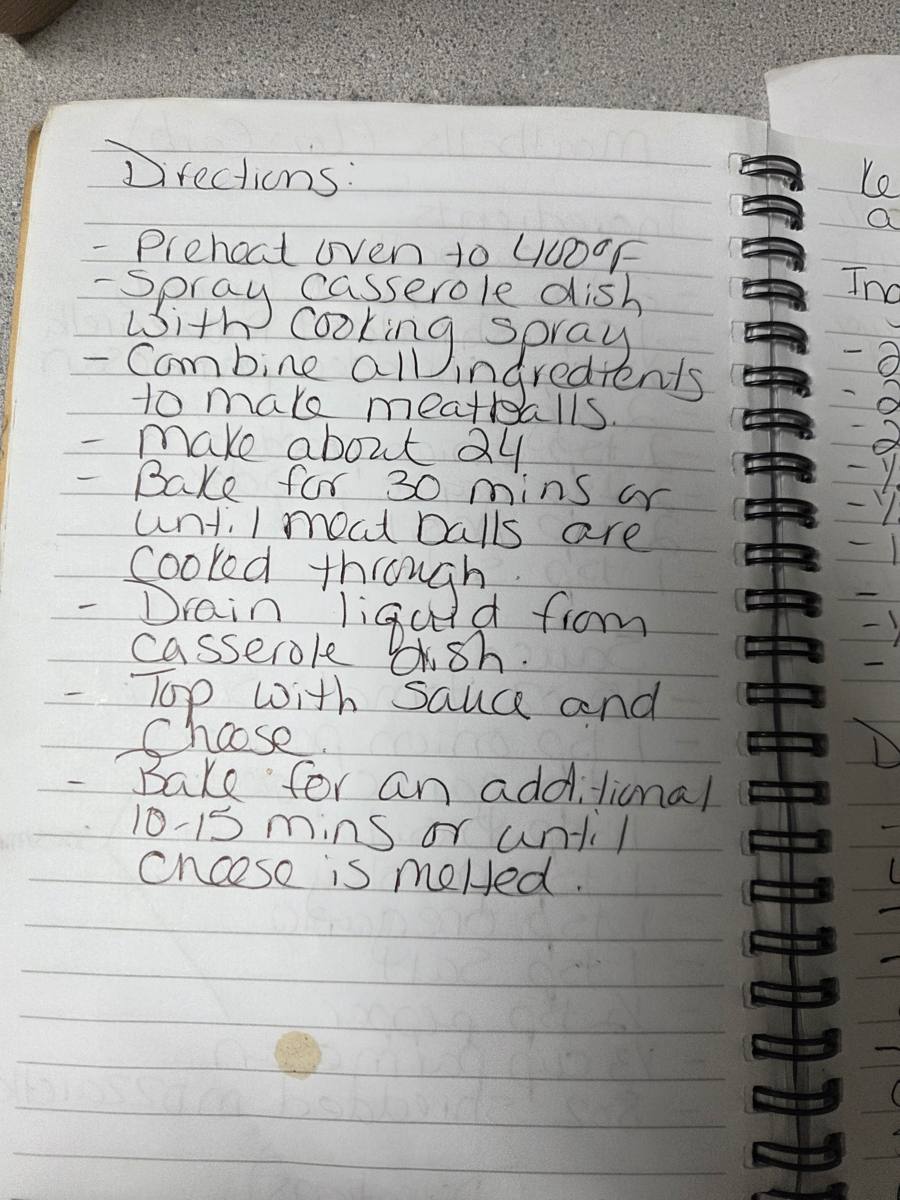 Becky's handwritten Low Carb Meatballs recipe — notebook page 2