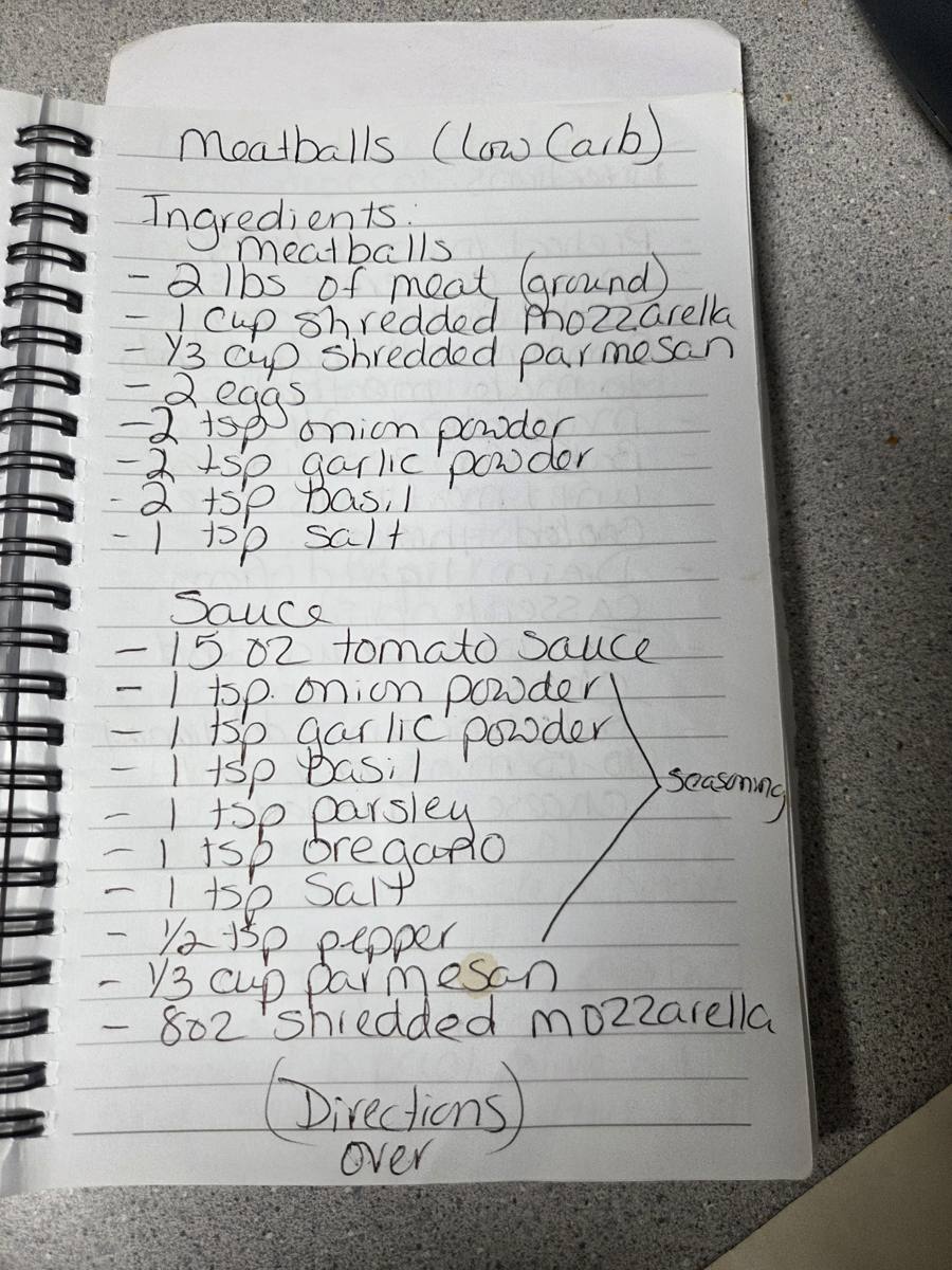 Becky's handwritten Low Carb Meatballs recipe — notebook page 1