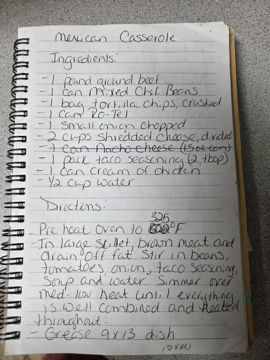 Becky's handwritten Mexican Casserole recipe — notebook page 1