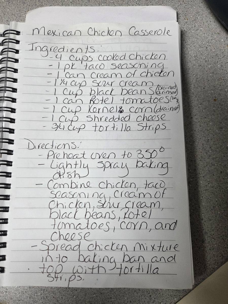 Becky's handwritten Mexican Chicken Casserole recipe — notebook page 1