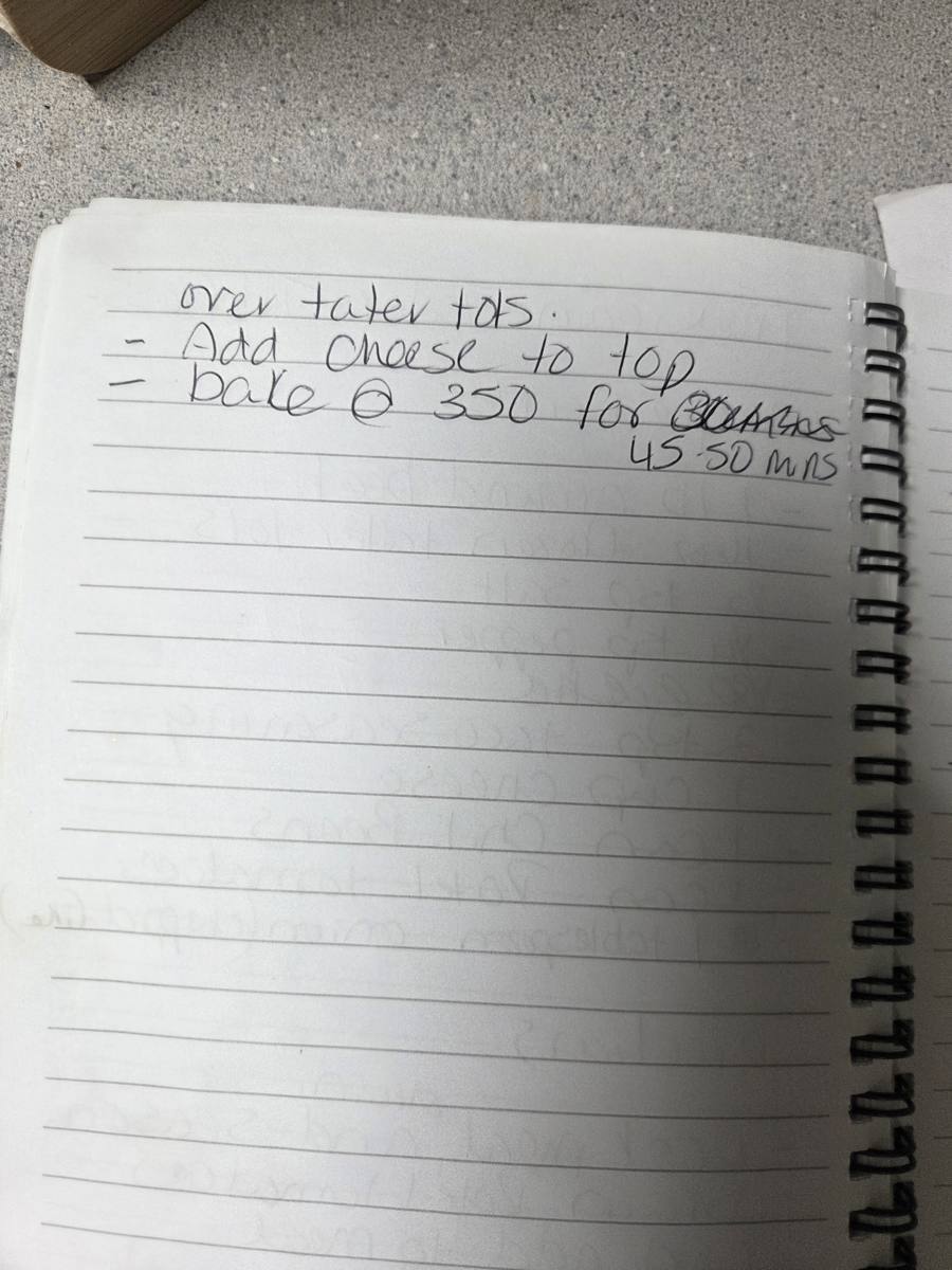 Becky's handwritten Mexican Tater Tot Casserole recipe — notebook page 2