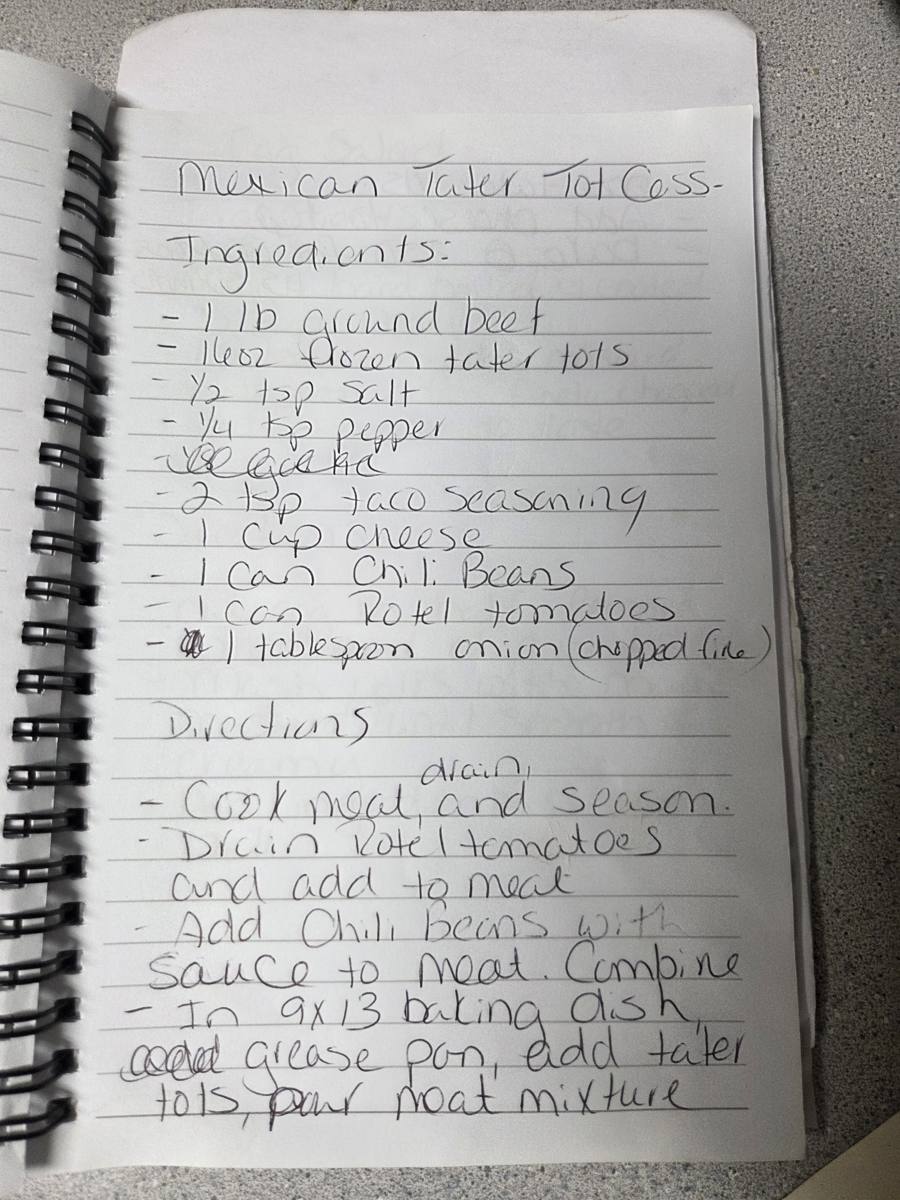 Becky's handwritten Mexican Tater Tot Casserole recipe — notebook page 1