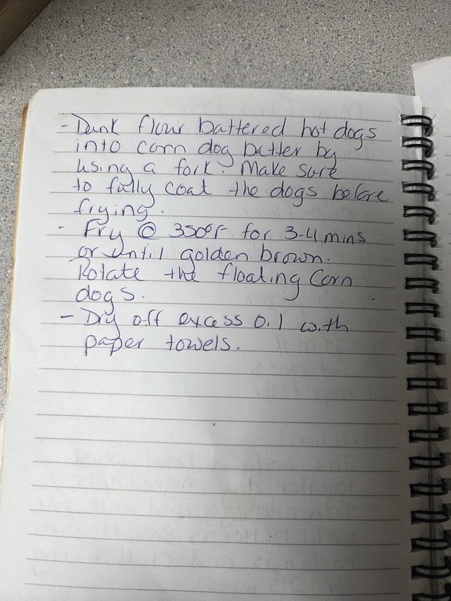 Becky's handwritten Mini Corn Dogs recipe — notebook page 2