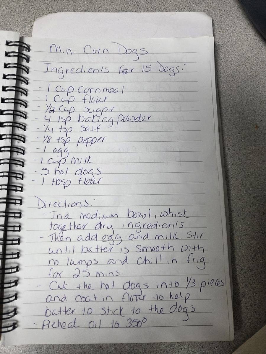 Becky's handwritten Mini Corn Dogs recipe — notebook page 1