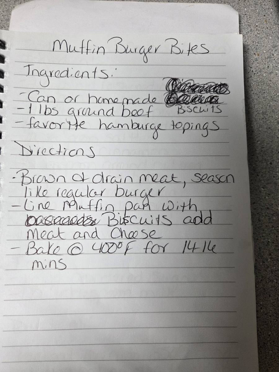 Becky's handwritten Muffin Burger Bites recipe — notebook page 1
