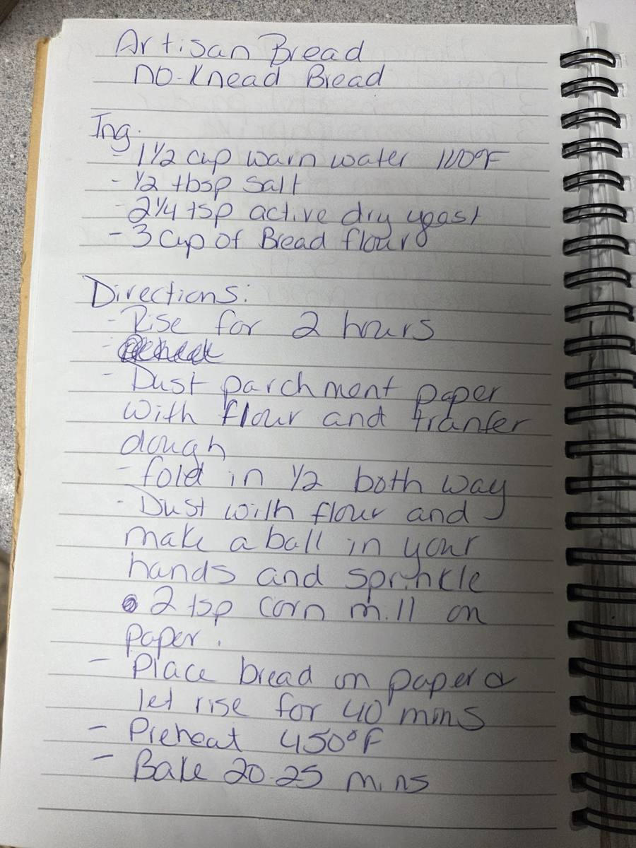 Becky's handwritten No Knead Artisan Bread recipe — notebook page 1