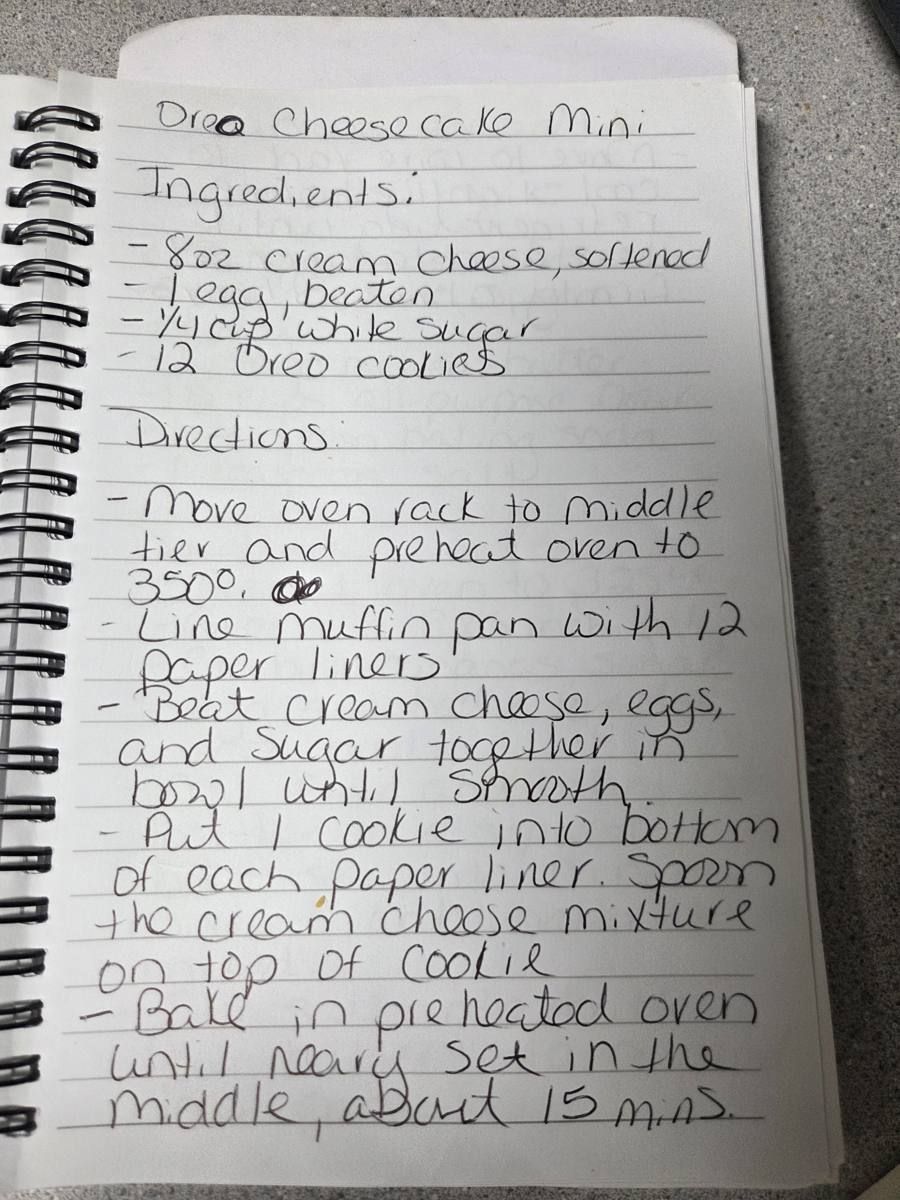 Becky's handwritten Oreo Cheesecake Minis recipe — notebook page 1