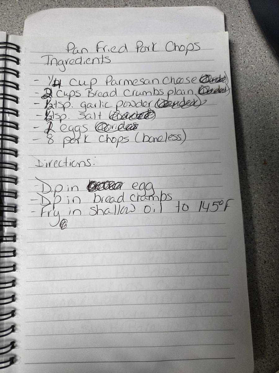 Becky's handwritten Pan Fried Pork Chops recipe — notebook page 1