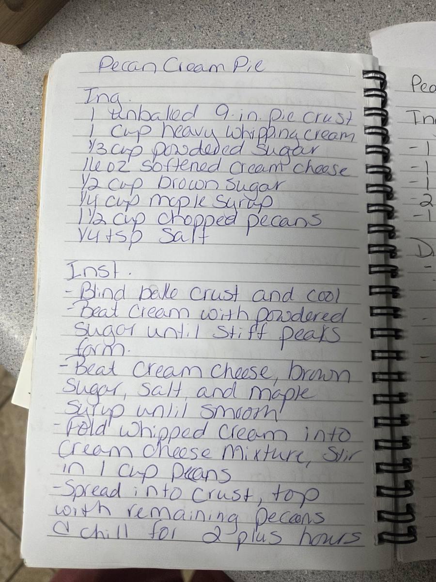 Becky's handwritten Pecan Cream Pie recipe — notebook page 1
