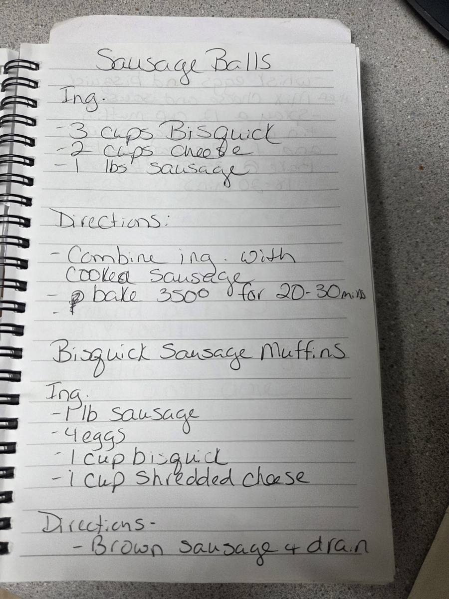 Becky's handwritten Sausage Balls recipe — notebook page 1