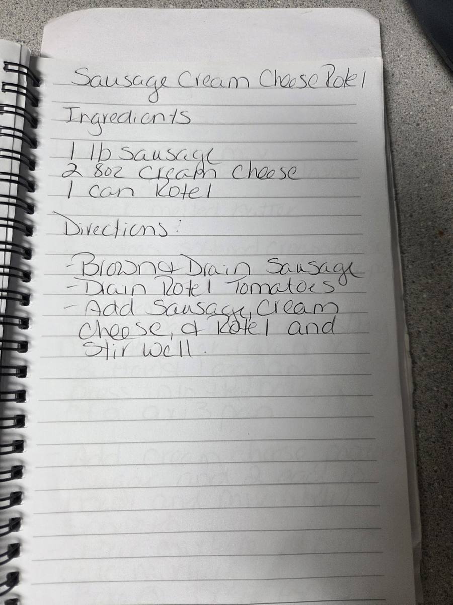 Becky's handwritten Sausage Cream Cheese Rotel recipe — notebook page 1