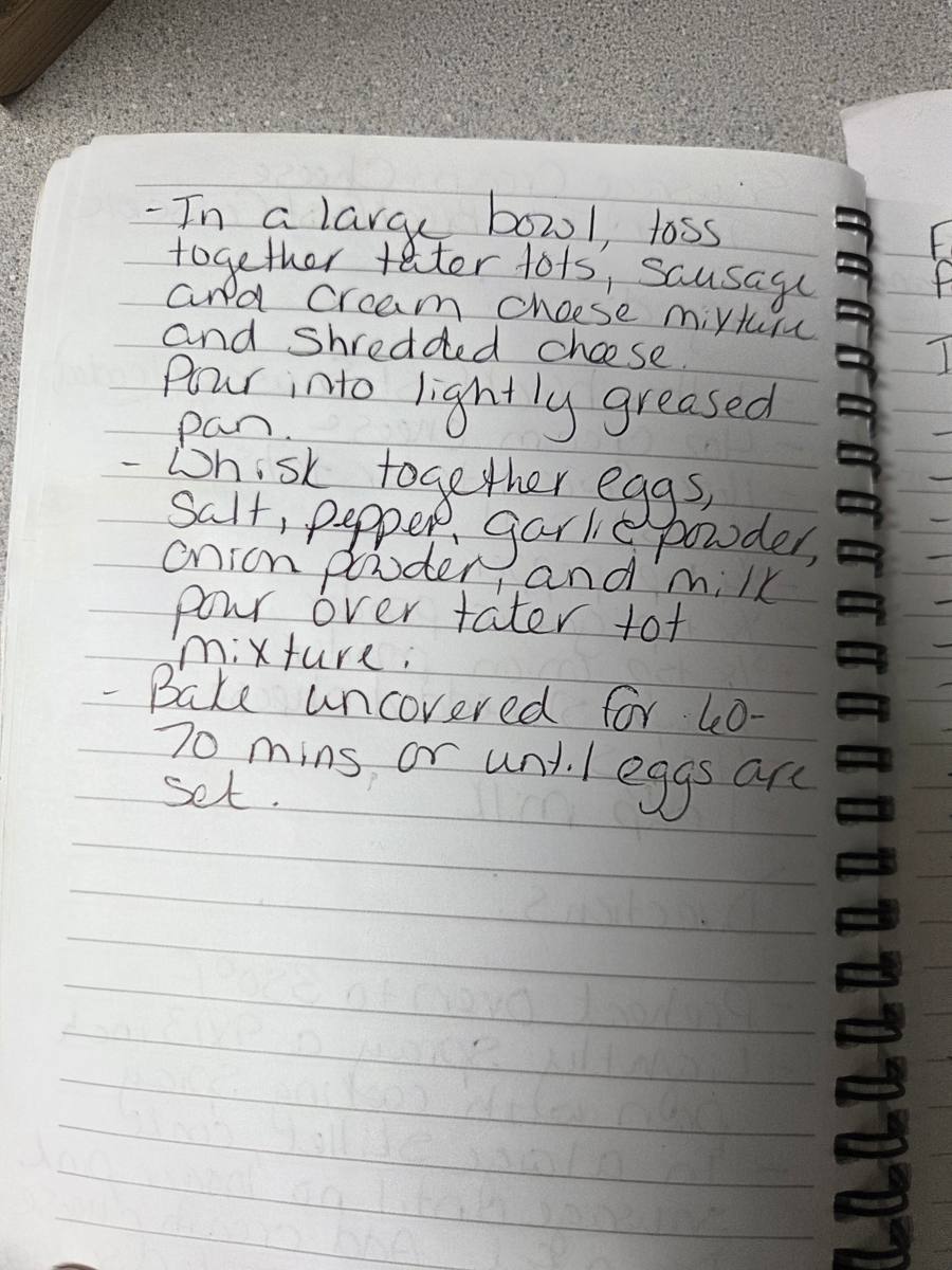 Becky's handwritten Sausage Cream Cheese Tater Tot Breakfast Casserole recipe — notebook page 2