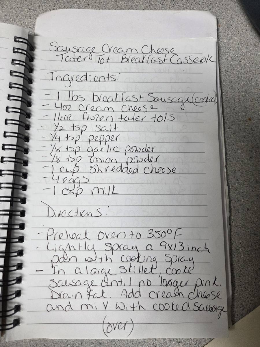 Becky's handwritten Sausage Cream Cheese Tater Tot Breakfast Casserole recipe — notebook page 1